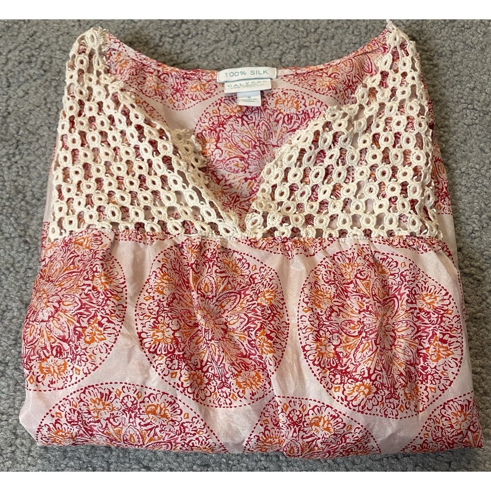 Calypso Saint Barth Silk Floral Blouse S Pink Embroidered Lace Trim Boho - Picture 13 of 13